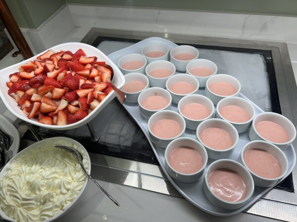 Back by guest demand, the strawberry soup is served cold. You can top it with fresh cut strawberries and whipped cream. Delicious!