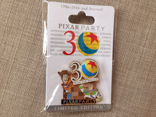 This 30th Anniversary Pin pictures Woody and Buzz Lightyear along with the Pixar ball.