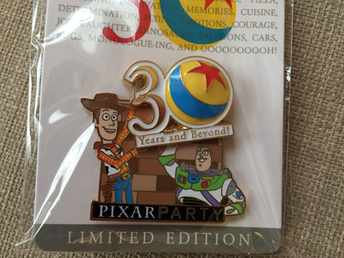 Close up of Buzz and Woody on the 30th Anniversary pin.