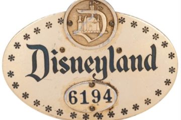 An early Disneyland cast member pin, is estimated at $1,000-2,000. This rarity measures 2 ½” long, dates from the 1950s, is numbered 6194, and has a unique oval design.
