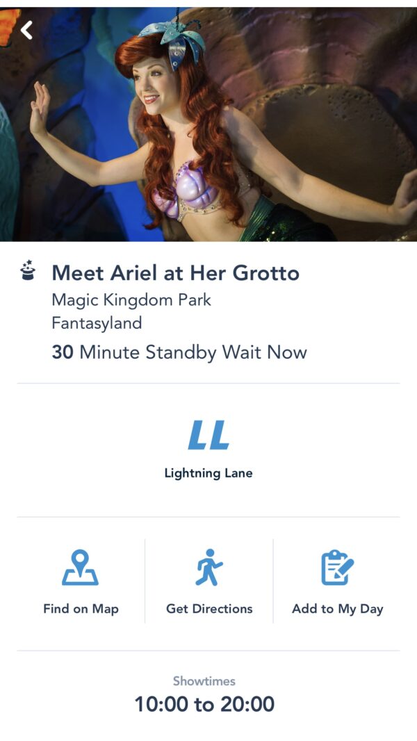 "LL" for Lightening Lane Now Appears on the Ariel Meet and Greet Landing Page.