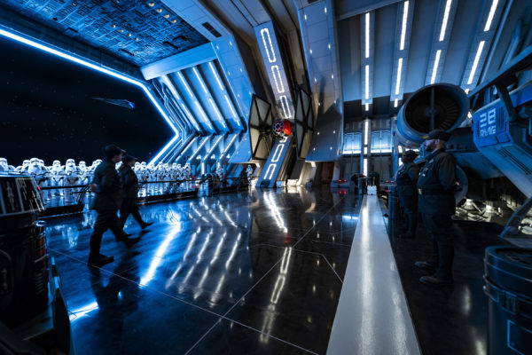 First Order troops and Stormtroopers patrol the hangar bay of the Star Destroyer. Photo credits (C) Disney Enterprises, Inc. All Rights Reserved.