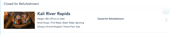 Screenshot from Walt Disney World's official website reflecting the change to Kali River Rapids.