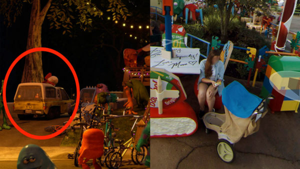 A mom shows her child (in a Disney stroller) a toy version of the Pizza Planet Truck, which appears in every Toy Story film. Photo credits (C) Disney Enterprises, Inc. All Rights Reserved