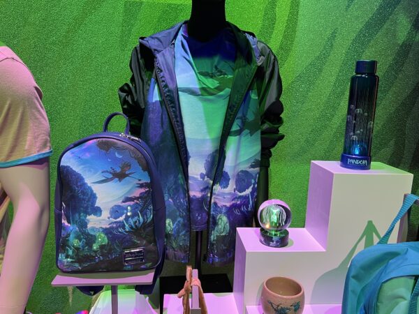 Pandora night time collection with light-up backpack, snow globe, water bottle, and jacket.