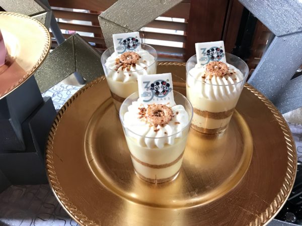 On my: key lime and graham crackers with whipped cream and a white chocolate 30th anniversary logo.