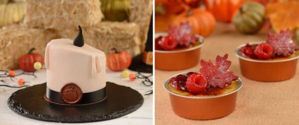 Black flame candle petit cake. Pumpkin Apple Tart, Pumpkin Creme Brulee. Available at Amorette's Patisserie in Disney Springs. Photo Credit © Disney Enterprises, Inc. All Rights Reserved.
