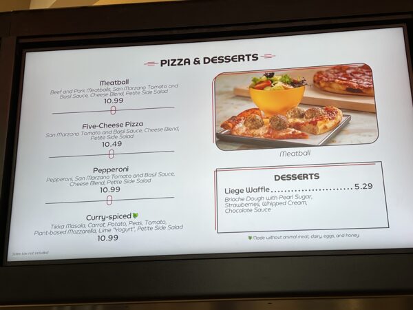 The menu includes pizza - meatball, pepperoni, and curry.