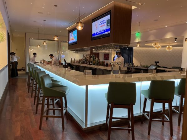 Inside Steakhouse 71, the bar is open and inviting. 
