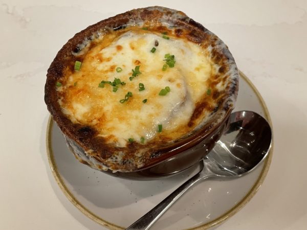 The French Onion Soup as severed hot with a generous topping of Gratinée Cheese.