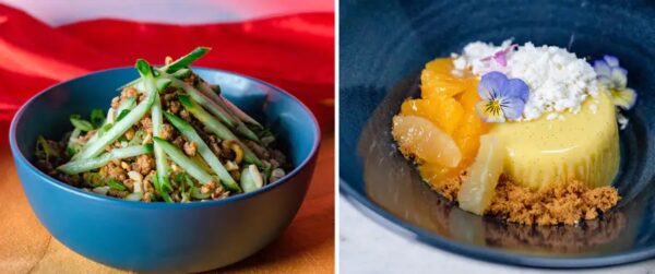 (L) Dan Dan Noodles, available Sept. 29 through Oct. 3 from Nine Dragons Restaurant. (R) Creme Catalana available Sept. 29 through October 3 from Space 220 Restaurant. Photo Credits © Disney Enterprises, Inc. All Rights Reserved.