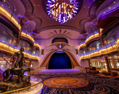 The Grand Hall of the Disney Destiny features a striking gathering space with a Black Panther statue