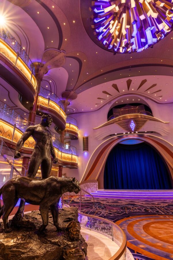 The Grand Hall of the Disney Destiny is its most striking and prominent gathering space, a living theater where heroes and villains from across the Disney universe take center stage and interact with guests in thrilling ways. Inspired by the rich lore, distinctive iconography and vibrant palette of Marvel Studios’ “Black Panther” films — including a stunning statue of the Black Panther himself at the heart of the space — this kinetic environment comes to life with immersive shows and interactive programming.