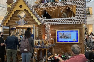 This television mounted on the outside of the gingerbread house answers the question: What happens to the Disney gingerbread after Christmas?