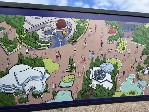 Eve from Wall-E is floating by Mission: Space.