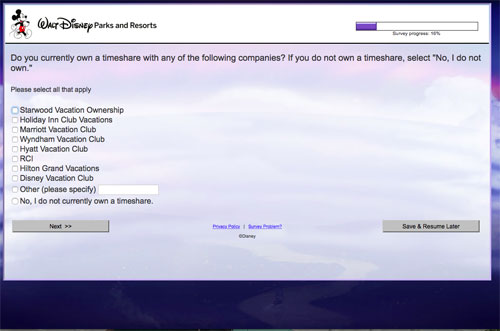 Disney wants to know if I currently own any kind of timeshare.