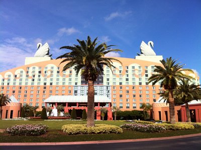 The landscaping and grounds of the Walt Disney World Swan Resort are beautiful.