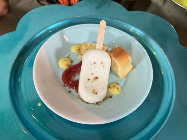Goat Cheese Creamsicle Pop With Orange Cream, Olive Oil Cake, and Cranberry Sauce