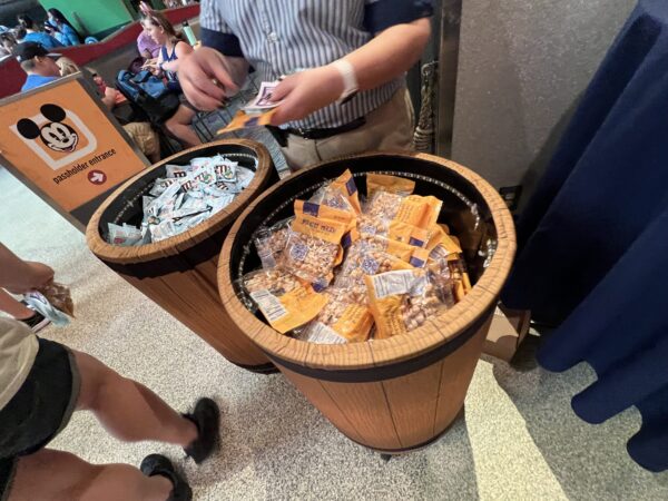 Snack bins containing free M&M's and Zarg Nuts. 