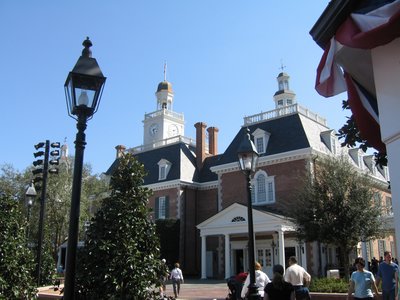 The buildings in the Epcot United States Pavilion are impressive.