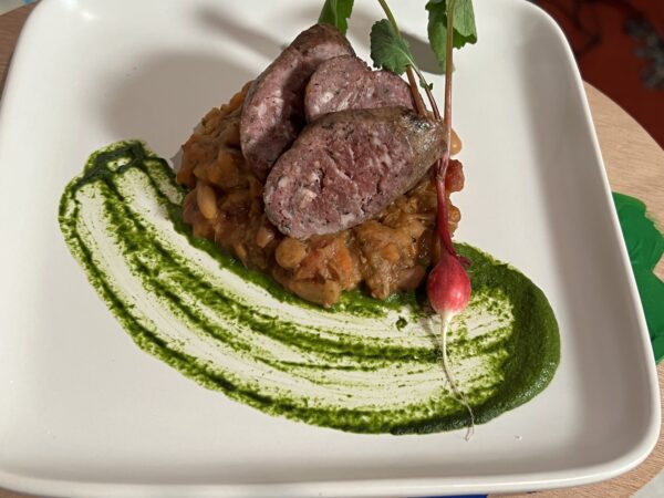 Wild boar cassoulet with duck confit, ham hock, and sausage. 