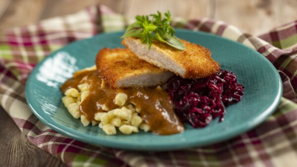 Pork Schnitzel with mushroom sauce, spätzle, and braised red cabbage