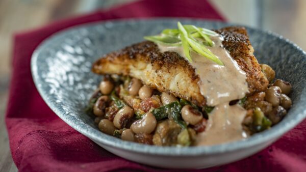Blackened Catfish with Hoppin’ John and comeback sauce