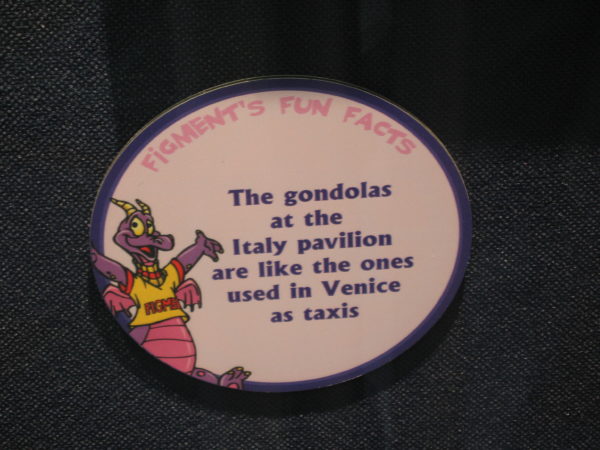 Figment says, "The gondolas at the Italy pavilion are like the ones used in Venice as taxis."