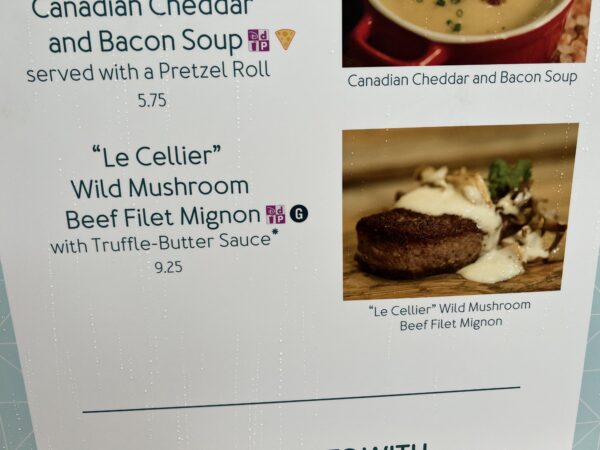 Le Cellier wild mushroom beef filet mignon with truffle-butter sauce at $9.25.
