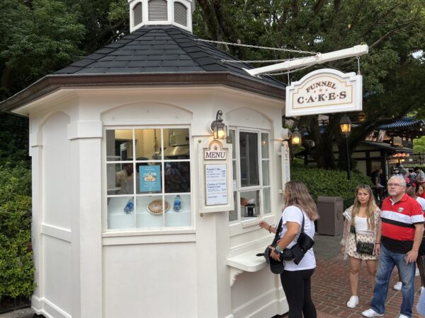 The funnel cake kiosk is a permanent fixture along the World Showcase lagoon, but has special treats for the Food and Wine festival.