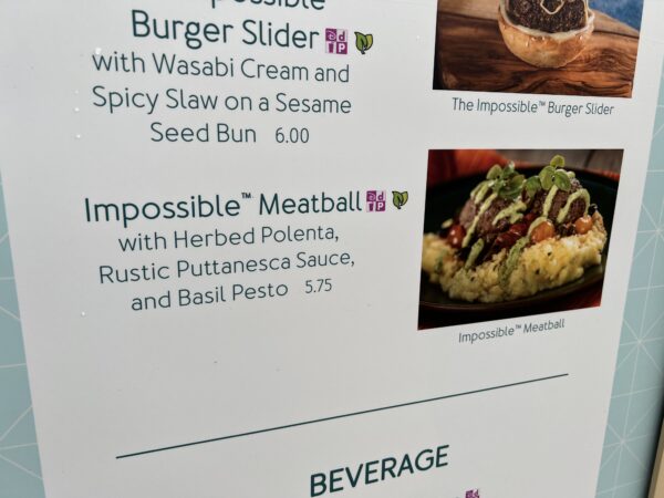 Impossible Meatball with herbed polenta, rustic puttanesca sauce, and basil pesto. $5.75