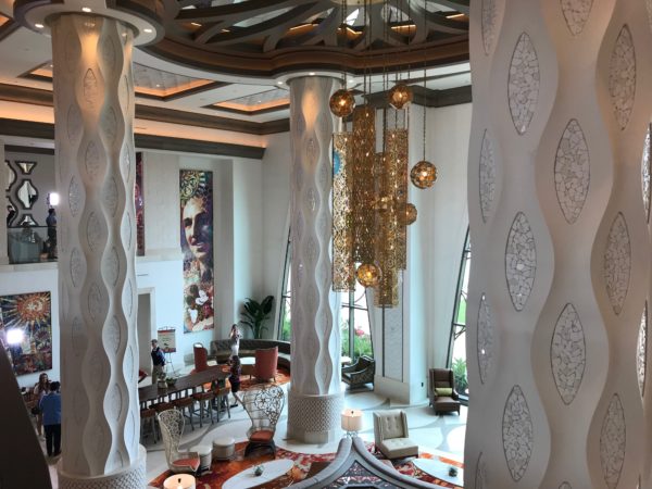 The two story lobby has plenty of light and beautiful chandeliers.