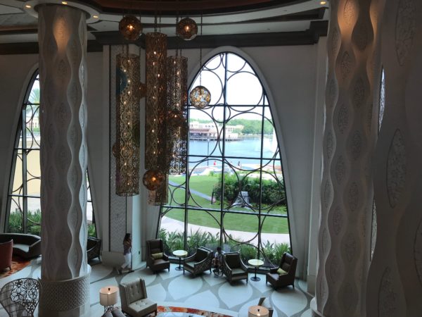 The tower's lobby looks out onto Lago Dorado.