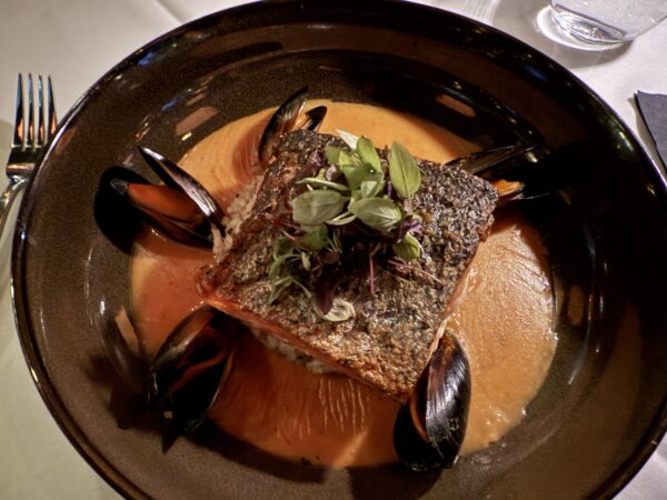 Salmon with Mussels over Rice