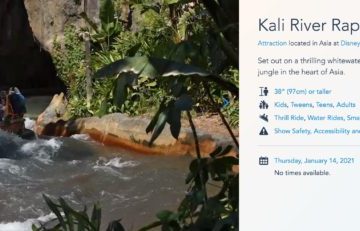 Screenshot from Walt Disney World's official website reflecting the change to Kali River Rapids.