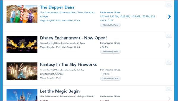 The Magic Kingdom entertainment page lists the New Year's Eve fireworks show, Fantasy In The Sky, on December 30 and 31.