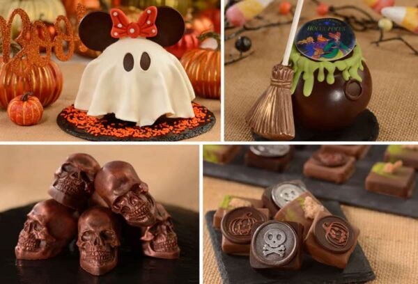 Minnie Ghost Pinata, Sisters' Elixir Hot Cocoa Bomb, Caramel skulls, Pumpkin Chair Latte Ganache Squares. Photo Credit © Disney Enterprises, Inc. All Rights Reserved.