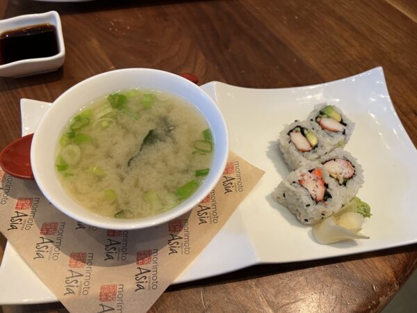 Miso soup plus sushi roles.