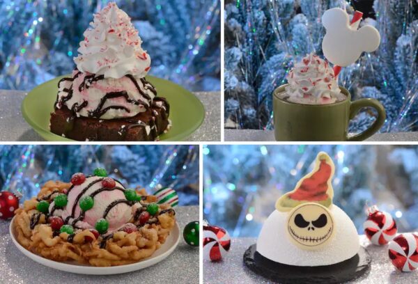 Peppermint Hot Fudge Brownie Sunday, Candy Cane Hot Cocoa, Funnel cake sundae. Photo Credit © Disney Enterprises, Inc. All Rights Reserved.