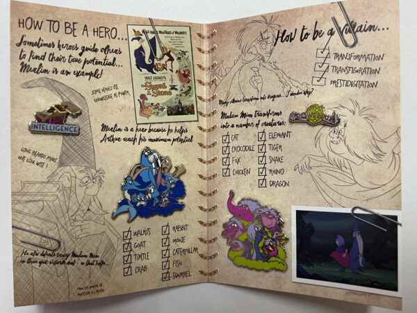 The packaging of this special pin set looks like a notebook and holds four unique pins.