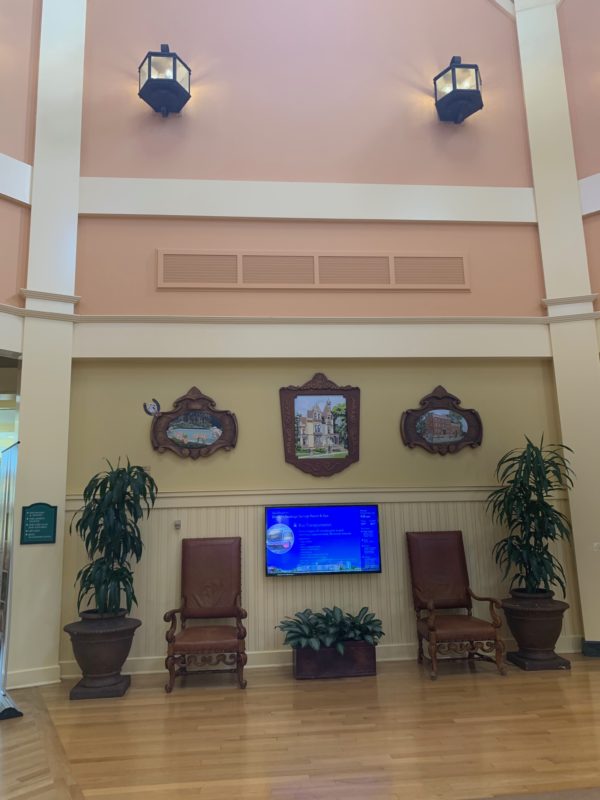 This tv in the lobby displays useful information for guests including park hours and recreational activities.