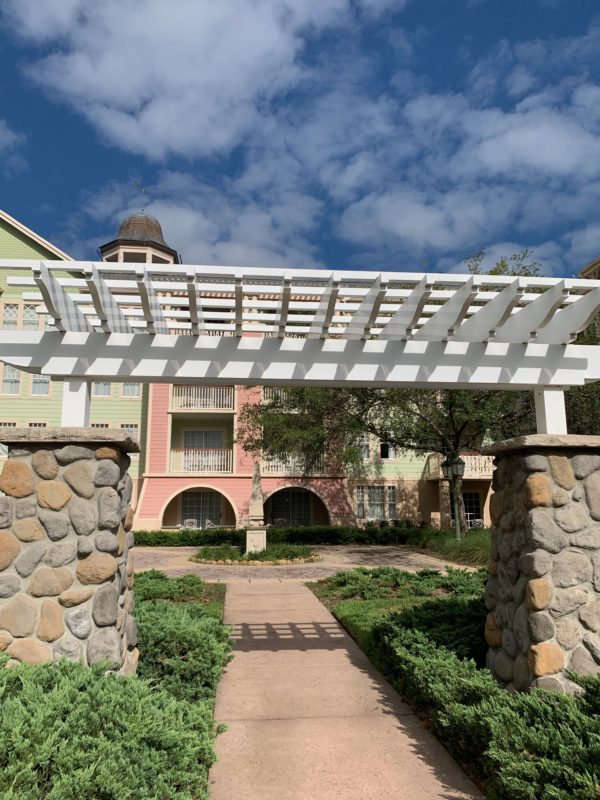 The pastel buildings and manicured grounds make for a beautiful landscape.