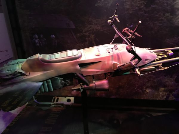 This speeder bike on display was used in Star Wars: Episode 6.