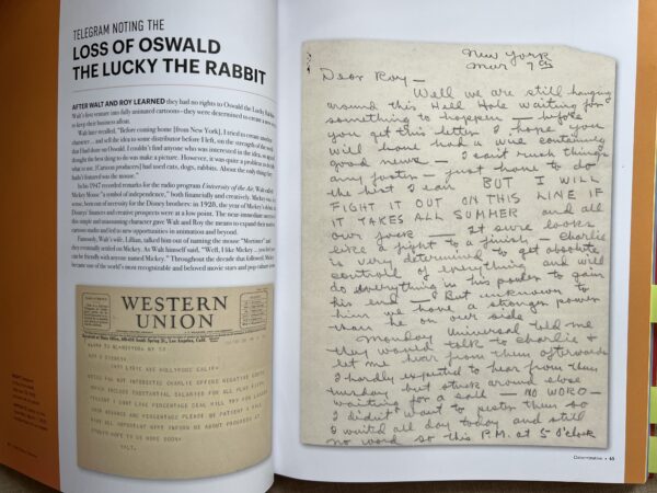 Note of a telegram that Walt sent to his brother Roy when they lost the right to the character Oswald The Lucky Rabbit.