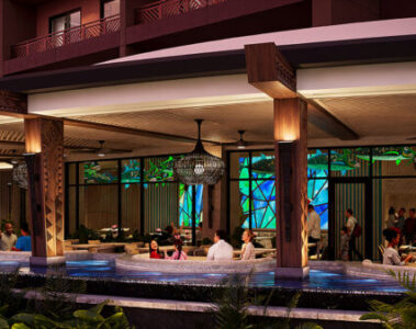 Artist Rendering of the outdoor seating area at Wailulu Bar & Grill. Guests will enjoy spectacular views of Bay Lake and Cinderella Castle at Magic Kingdom Park. © Disney