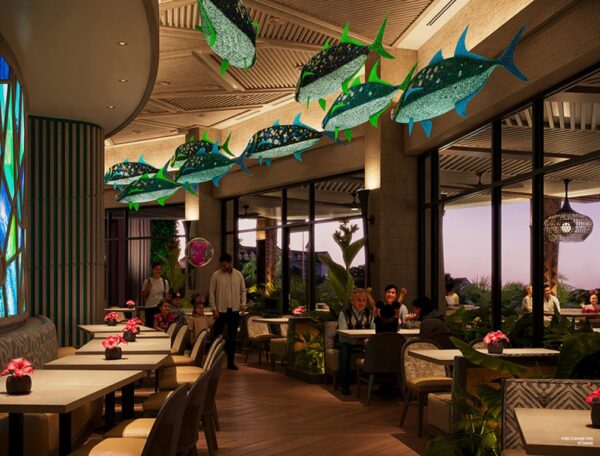 Artist Rendering of the outdoor seating area at Wailulu Bar & Grill. Guests will enjoy spectacular views of Bay Lake and Cinderella Castle at Magic Kingdom Park. © Disney