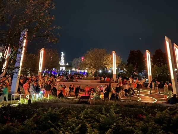The lighting towers around the main planter change colors to the area's music.