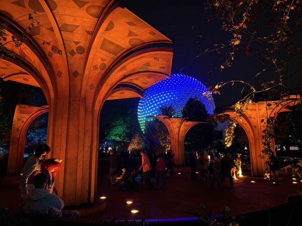 The modern rust-colored tree sculptures look great with a Spaceship Earth backdrop.